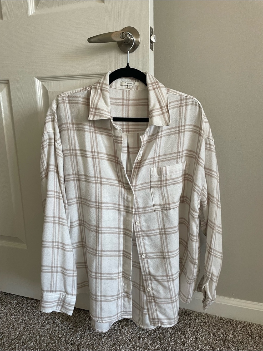 Z Supply White Plaid Button-Down Shirt with Tan Checks